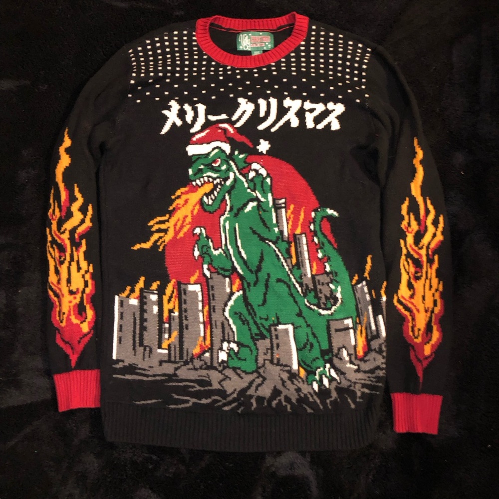 Rare Godzilla Holiday Kaiju Sweater With Flames On Sleeves